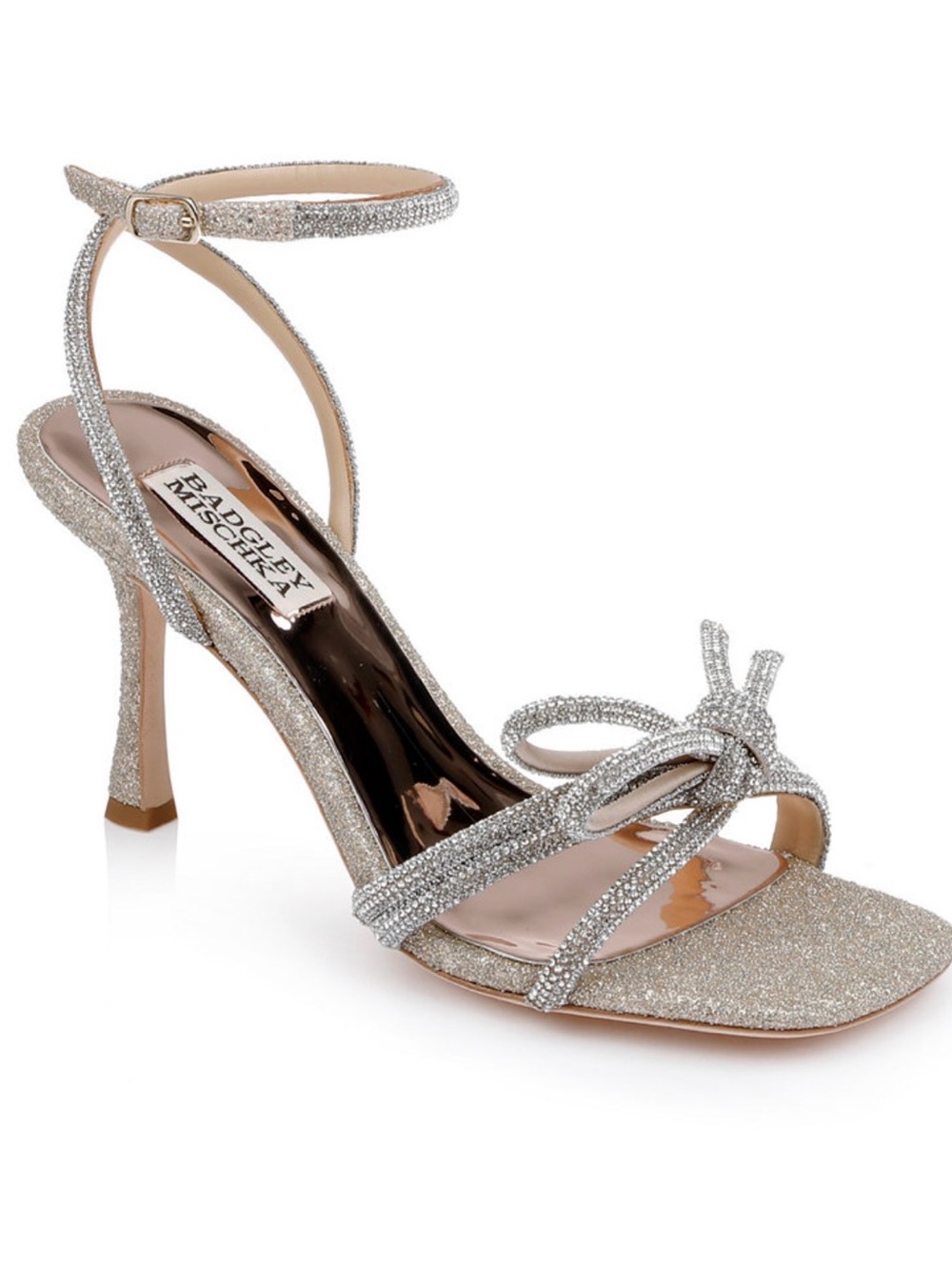 Badgley Mischka Silver Glitter Ankle-Strap Heeled Sandal